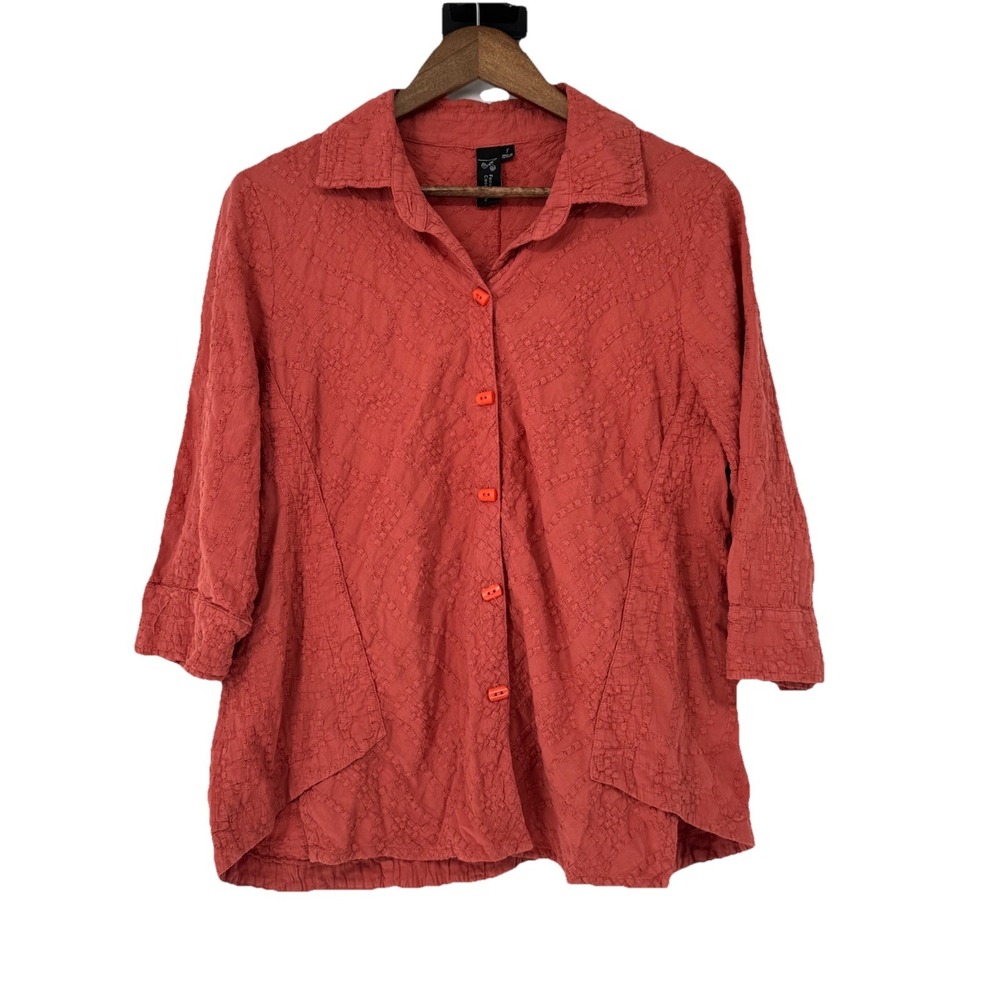 Focus Casual Life Button Orange Lagenlook Jacket Embroidered Artsy Art To Wear S